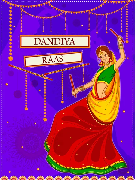 Personnes exécutant la danse Garba sur la conception de bannière d'affiche pour Dandiya Night — Image vectorielle