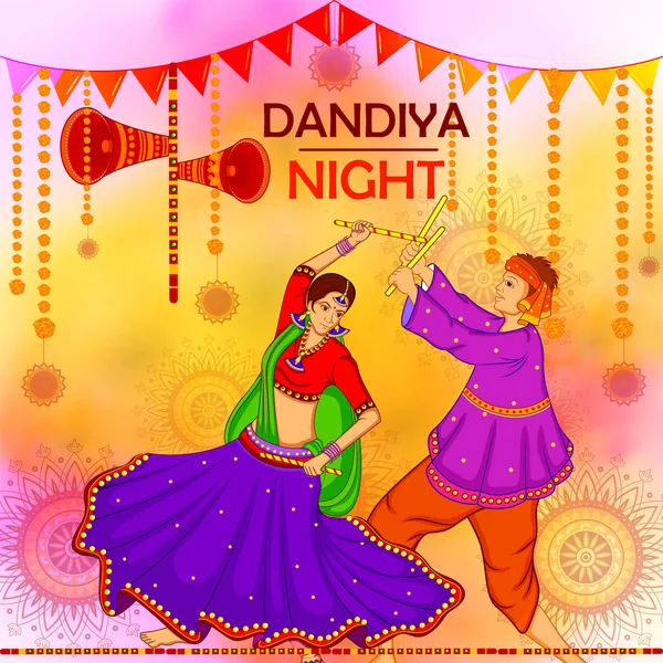 Lidé předvádějící tanec Garba na plakátovém banneru pro Dandiya Night — Stockový vektor