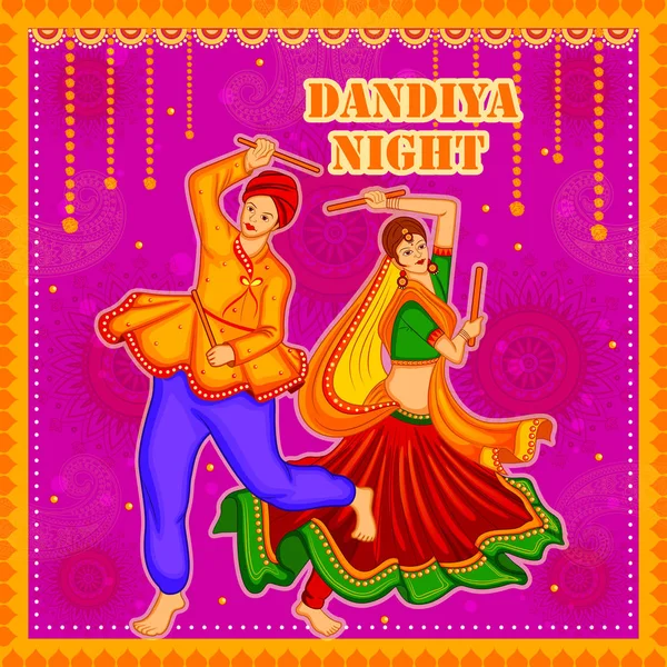 Lidé předvádějící tanec Garba na plakátovém banneru pro Dandiya Night — Stockový vektor