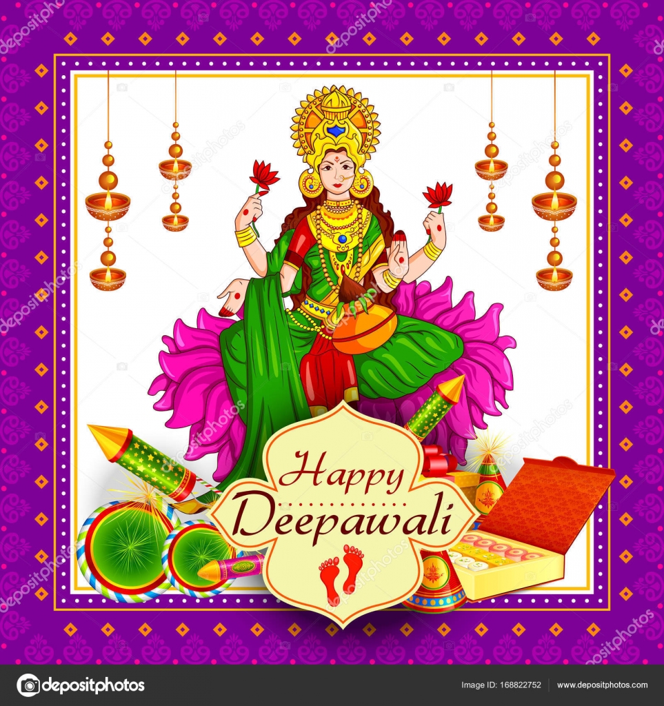 坐在莲花为问候背景的印度排灯节快乐春节放假庆祝女神拉克希米图库矢量图©stockshoppe 168822752