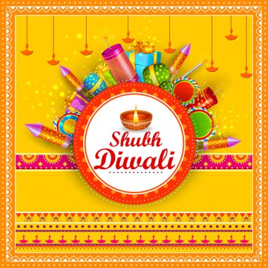 Renkli yangın kraker ile dekore edilmiş diya mutlu Diwali Festivali tatil kutlaması arka plan tebrik Hindistan için