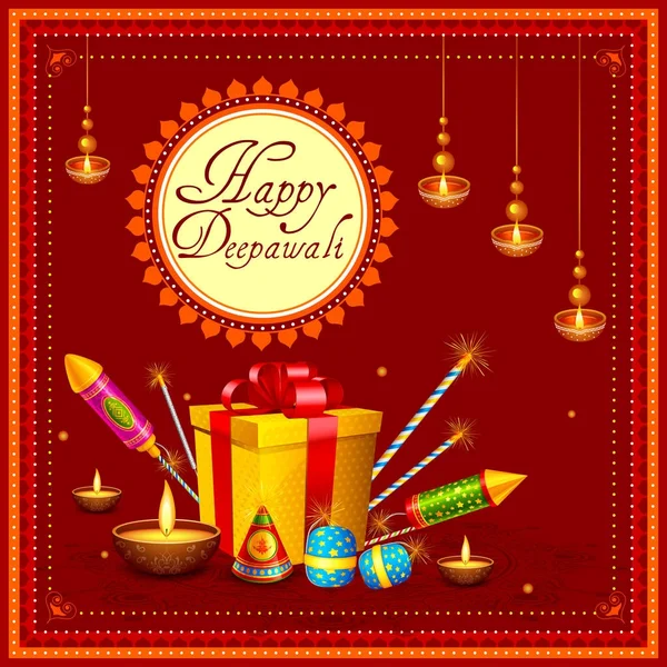 Bunte Feuer Cracker mit dekorierten Diya für fröhliche Diwali Festival Feiertagsfeier von Indien Gruß Hintergrund — Stockvektor