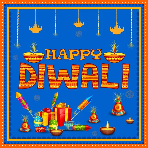 Bunte Feuer Cracker mit dekorierten Diya für fröhliche Diwali Festival Feiertagsfeier von Indien Gruß Hintergrund — Stockvektor