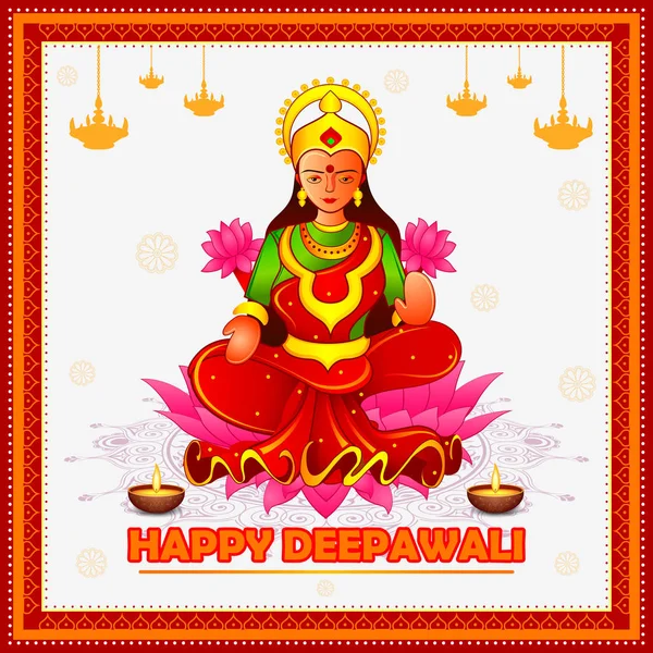 Bogini lakshmi siedzi na lotus dla Happy Diwali święto Festiwal wakacje Indie pozdrowienie tła — Wektor stockowy