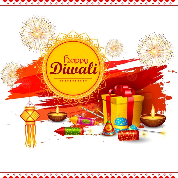 Kleurrijke brand cracker met ingerichte diya voor Gelukkige Diwali festival vakantie feest van India begroeting achtergrond — Stockvector