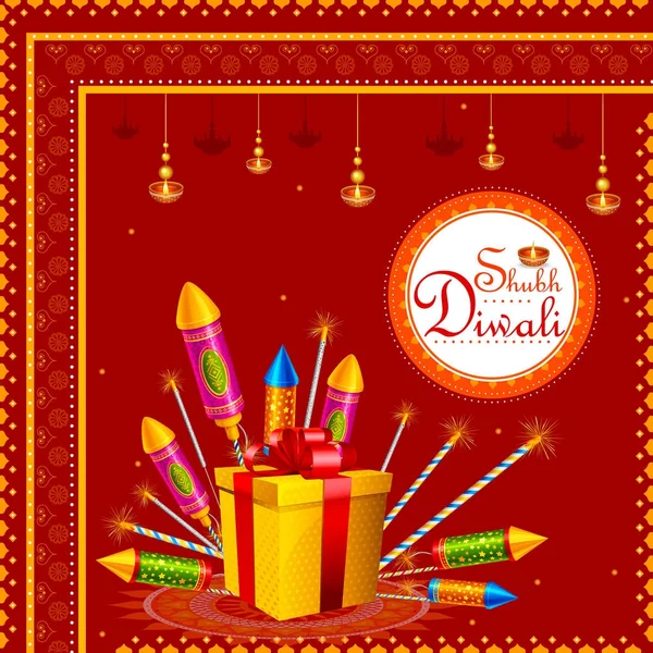 Kleurrijke brand cracker met ingerichte diya voor Gelukkige Diwali festival vakantie feest van India begroeting achtergrond — Stockvector
