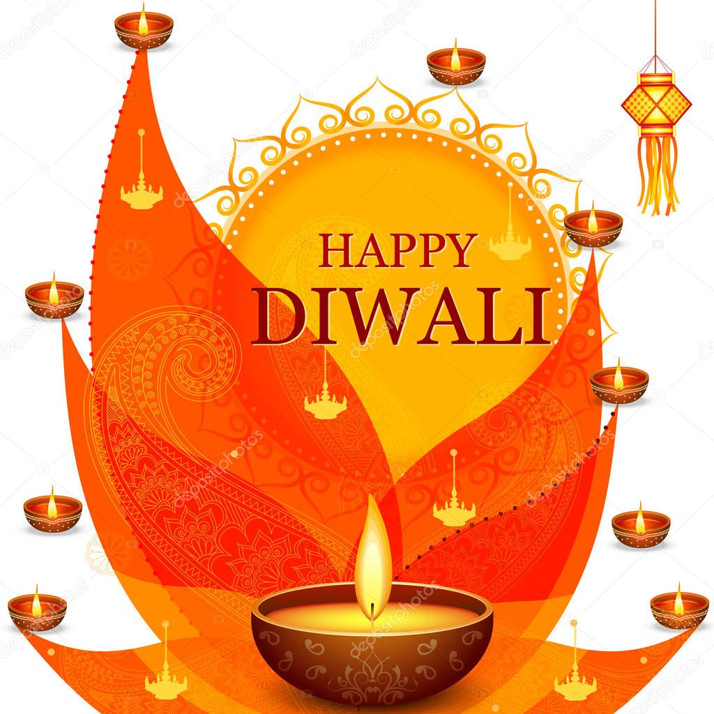 Decorated Diya for Happy Diwali festival holiday celebration of India greeting background