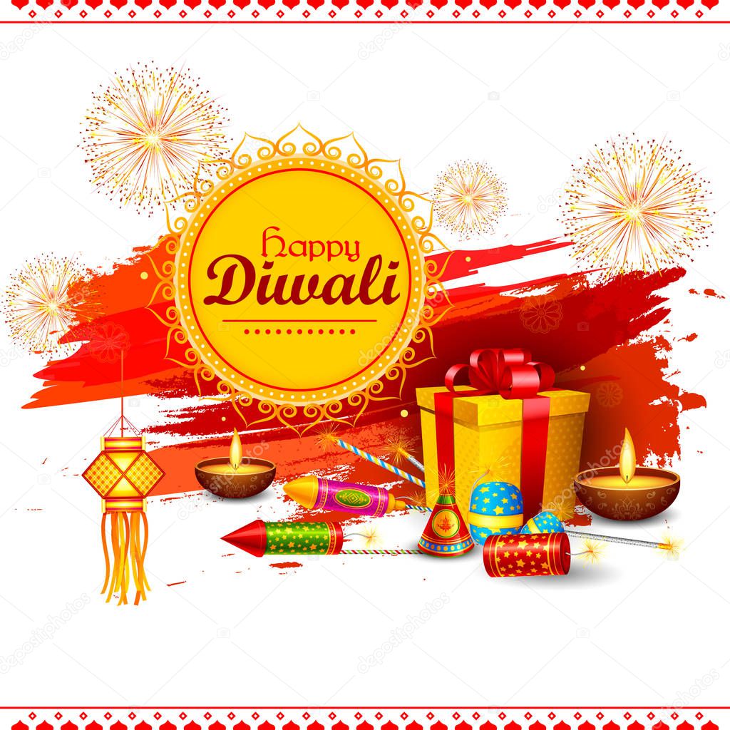 Colorful fire cracker with decorated diya for Happy Diwali festival holiday celebration of India greeting background