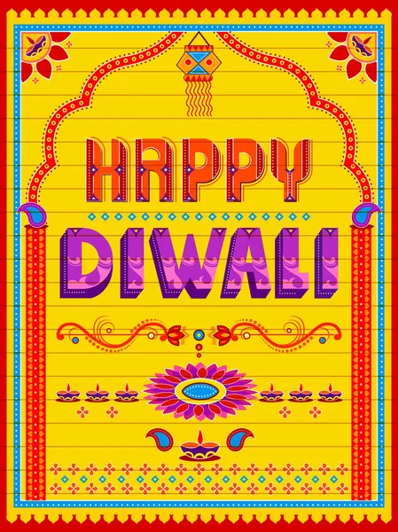 Pintura colorida del camión indio en la tarjeta feliz de Diwali para el festival de la luz de la India — Vector de stock