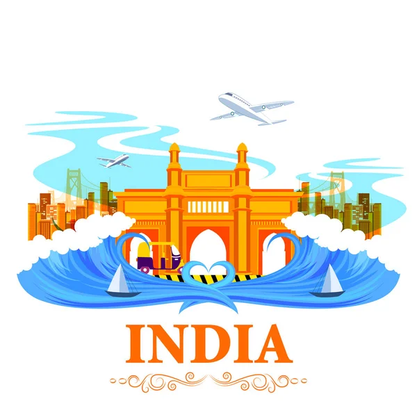 Słynny pomnik Indii w sprawie tricolor Indian tle — Wektor stockowy