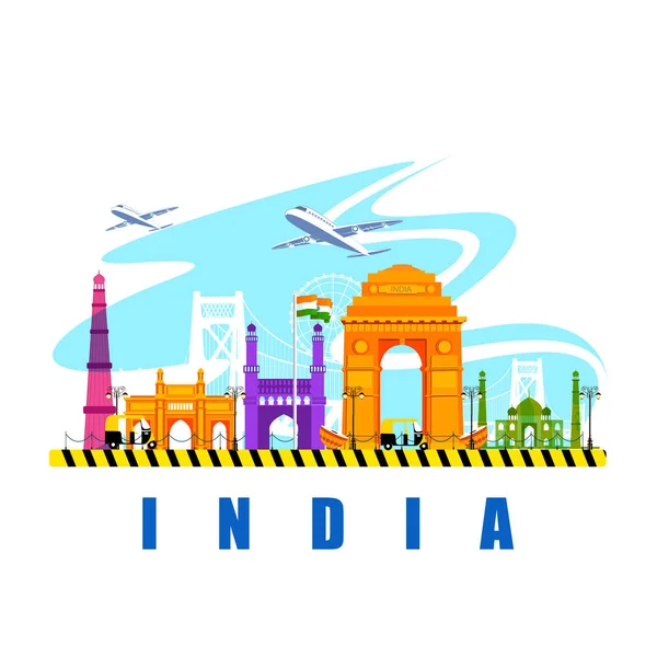 トリコロール インドの背景にインドの有名な記念碑 — ストックベクタ