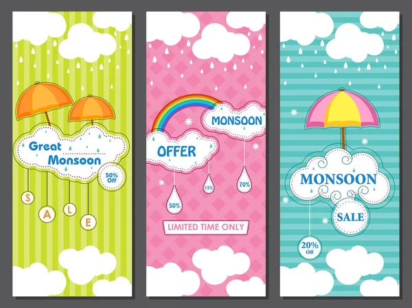 Oferta de venta de monzón feliz banner promocional y publicidad — Archivo Imágenes Vectoriales