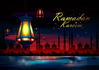 Ramazan Kareem selamlar için ışıklı lamba İslam Camii ile Ramazan arka planı için