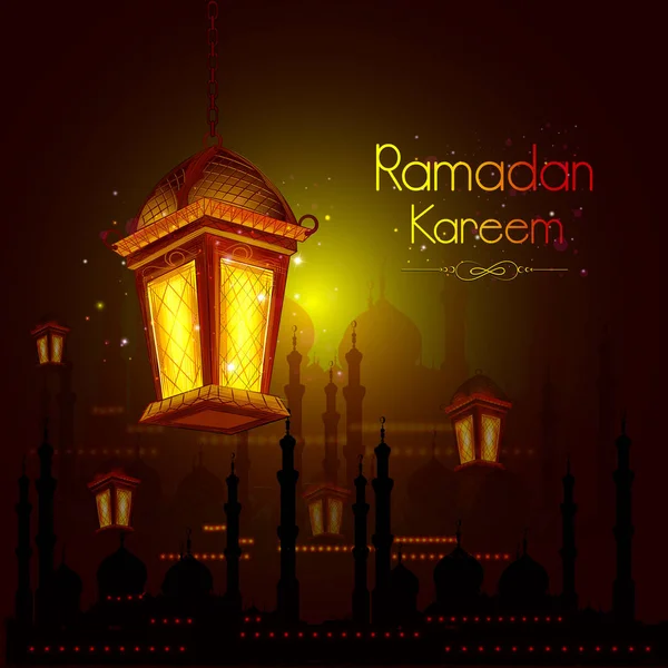 Belyst lampa för Ramadan Kareem hälsningar för Ramadan bakgrund med islamisk moské — Stock vektor