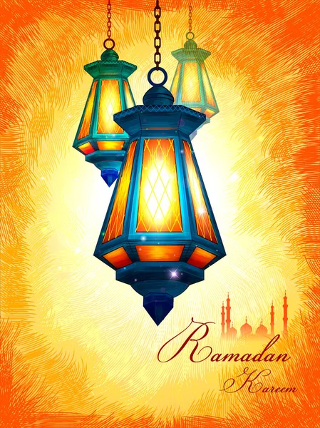 Verlichte lamp voor Ramadan Kareem groeten voor Ramadan achtergrond met islamitische moskee — Stockvector