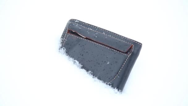 雪の中で失われた財布 Partymate 雪の中にドロップされたブラック — ストック動画