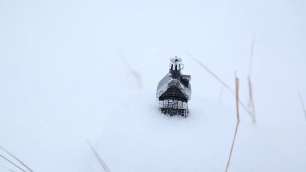 Casas Barre Nieve Una Fuerte Ventisca Bolas Nieve Juguetes Para — Vídeos de Stock