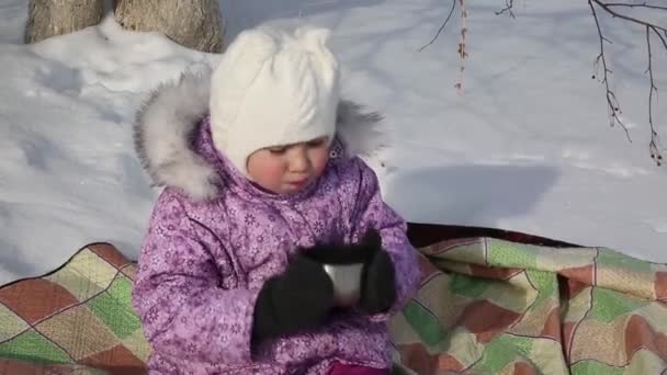 小漂亮的女孩冬天在街上喝茶 冬天穿的衣服上的女孩在冬季野餐时喝热茶 — 图库视频影像