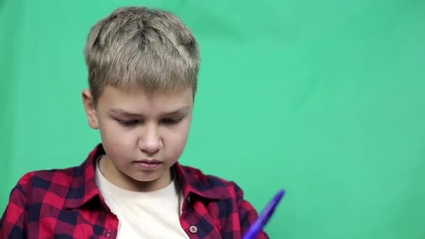 Boy Video Blogger Writes Script Plot Teenager Working Text Next — Stock Video