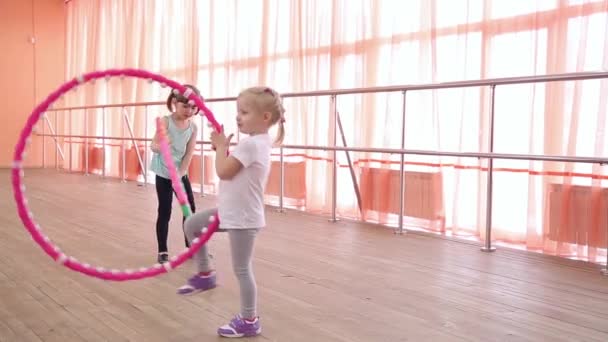 Little Girls Sports Hoops Girls Years Age Play Hoop Gym — Stock Video