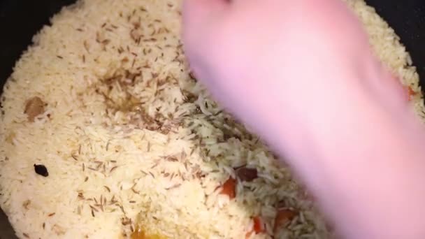 Preparation Rice Dishes Pilaf Uzbekistan Meat Spices Add Oriental Spices — Stock Video