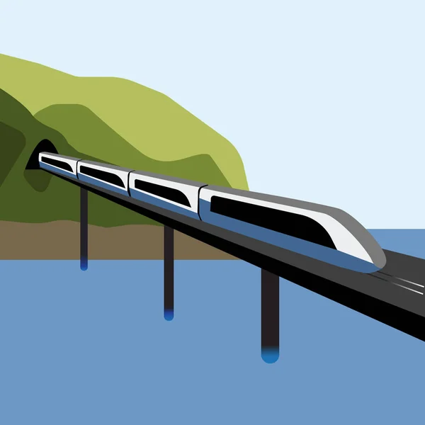 Trein Rijdt Spoorbrug Een Moderne Elektrische Hogesnelheidstrein Rijdt Uit Een — Stockvector