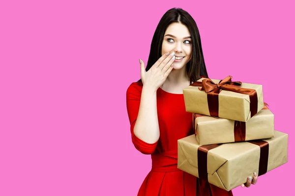 Girl Three Gift Boxes Her Hands Smiling Brunette Girl Long Royalty Free Stock Photos