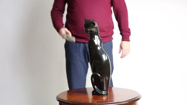 Bir Adam Domuz Kumbarasını Parasıyla Ezer Kara Kedi Şeklinde Bozuk — Stok video