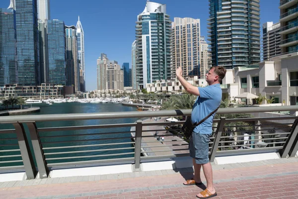European Tourist Action Camera Excursion Caucasian Adult Man Filming Large — Stock Photo, Image