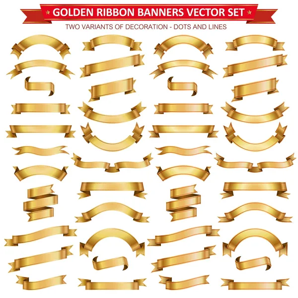 Golden Ribbon Banners Två Dekorationsvarianter Vektor Samling — Stock vektor