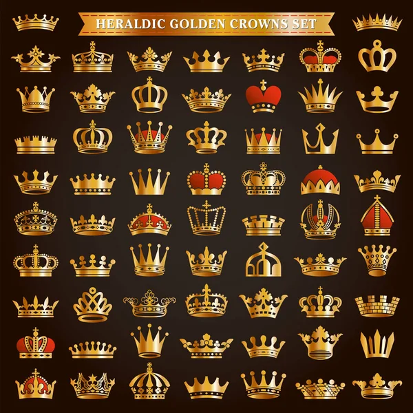 Gran Conjunto Oro Corona Real Tiara Rey Reina Diadema Heráldica — Vector de stock
