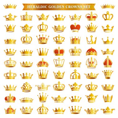 Big set of golden royal crown tiara king queen headwear heraldic silhouette icons clipart