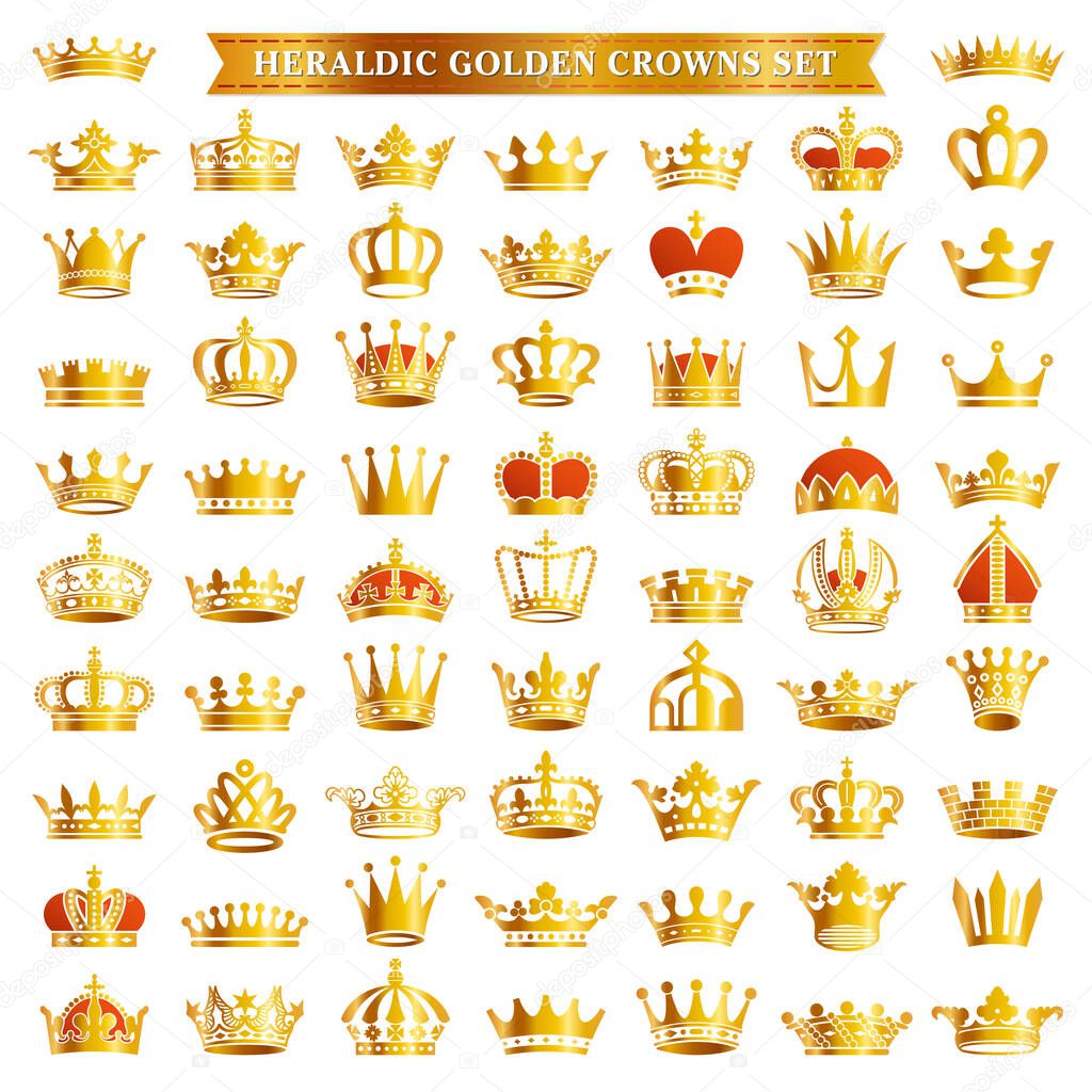 Big set of golden royal crown tiara king queen headwear heraldic silhouette icons