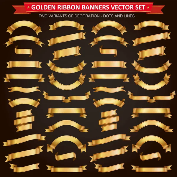 Golden Ribbon Banners Två Dekorationsvarianter Vektor Samling — Stock vektor