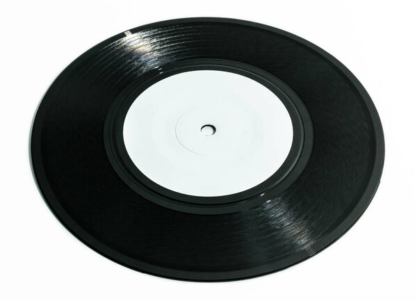 Seven inch single 45rpm black vinyl record with small hole isolated on white background