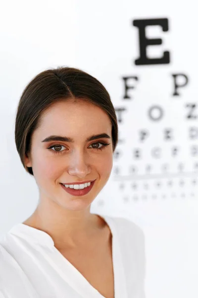 Vision. Beautiful Woman With Visual Eye Test Chart On Background — Stock Photo, Image
