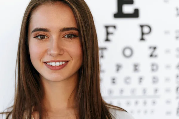 Vision. Beautiful Woman With Visual Eye Test Chart On Background — Stock Photo, Image