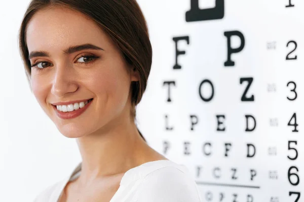 Beautiful Woman with Eye Test Chart at Ophthalmology Office — Stok Foto