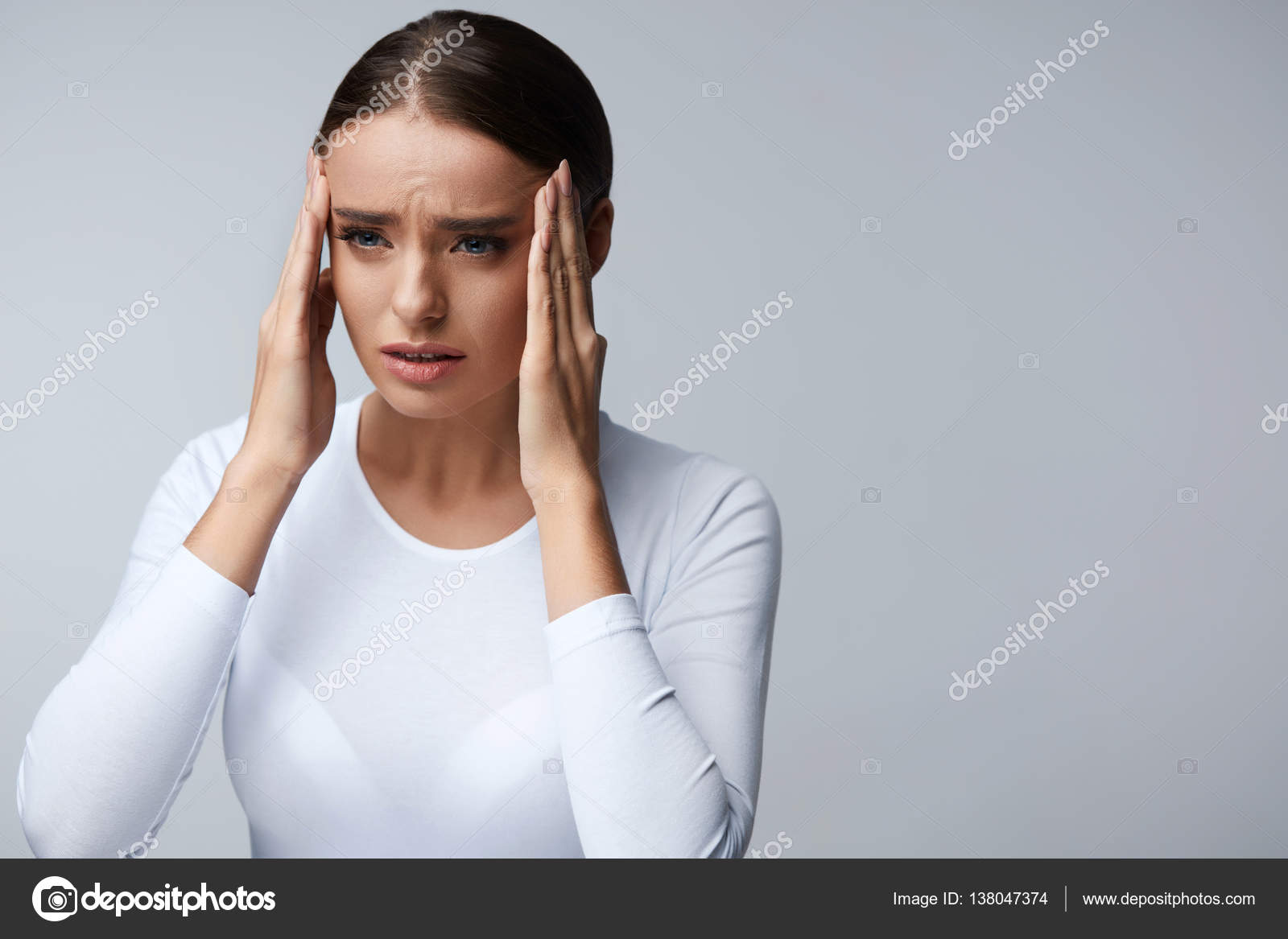 Headache. Beautiful Woman Feeling Stress And Strong Head Pain ⬇ Stock