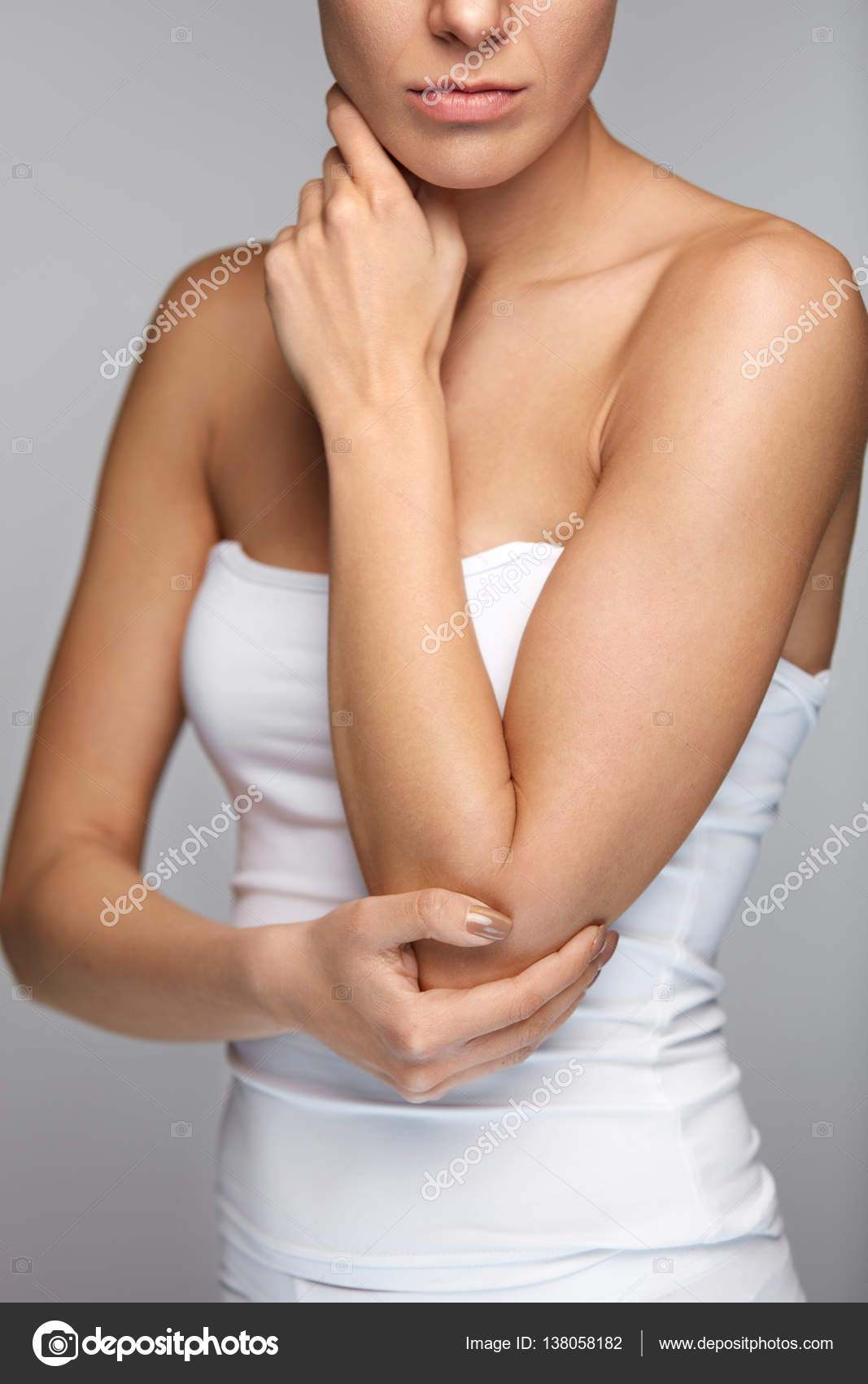 Elbow Pain. Closeup Beautiful Female Body With Pain In Arms Stock