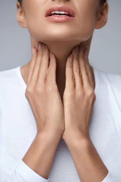 stock image Sore Throat. Closeup Beautiful Woman Hands And Neck. Throat Pain