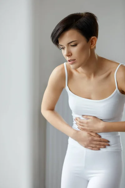 Woman Health. Beautiful Female Feeling Pain In Stomach — Stock Photo, Image
