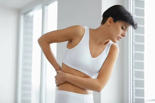 Body Pain. Beautiful Woman Feeling Pain In Back, Backache — Stock Photo, Image