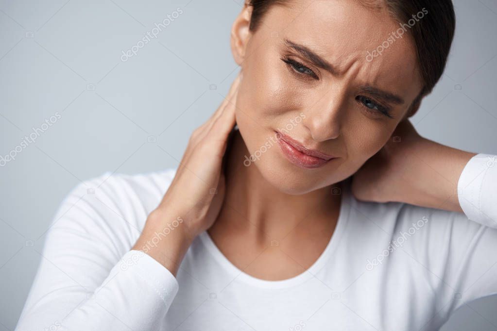 Tired Neck. Beautiful Woman Suffering From Pain, Painful Feeling