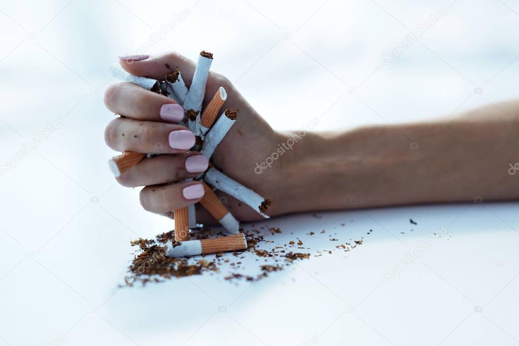 Closeup Of Female Hand Holding Cigarettes. Quit Smoking