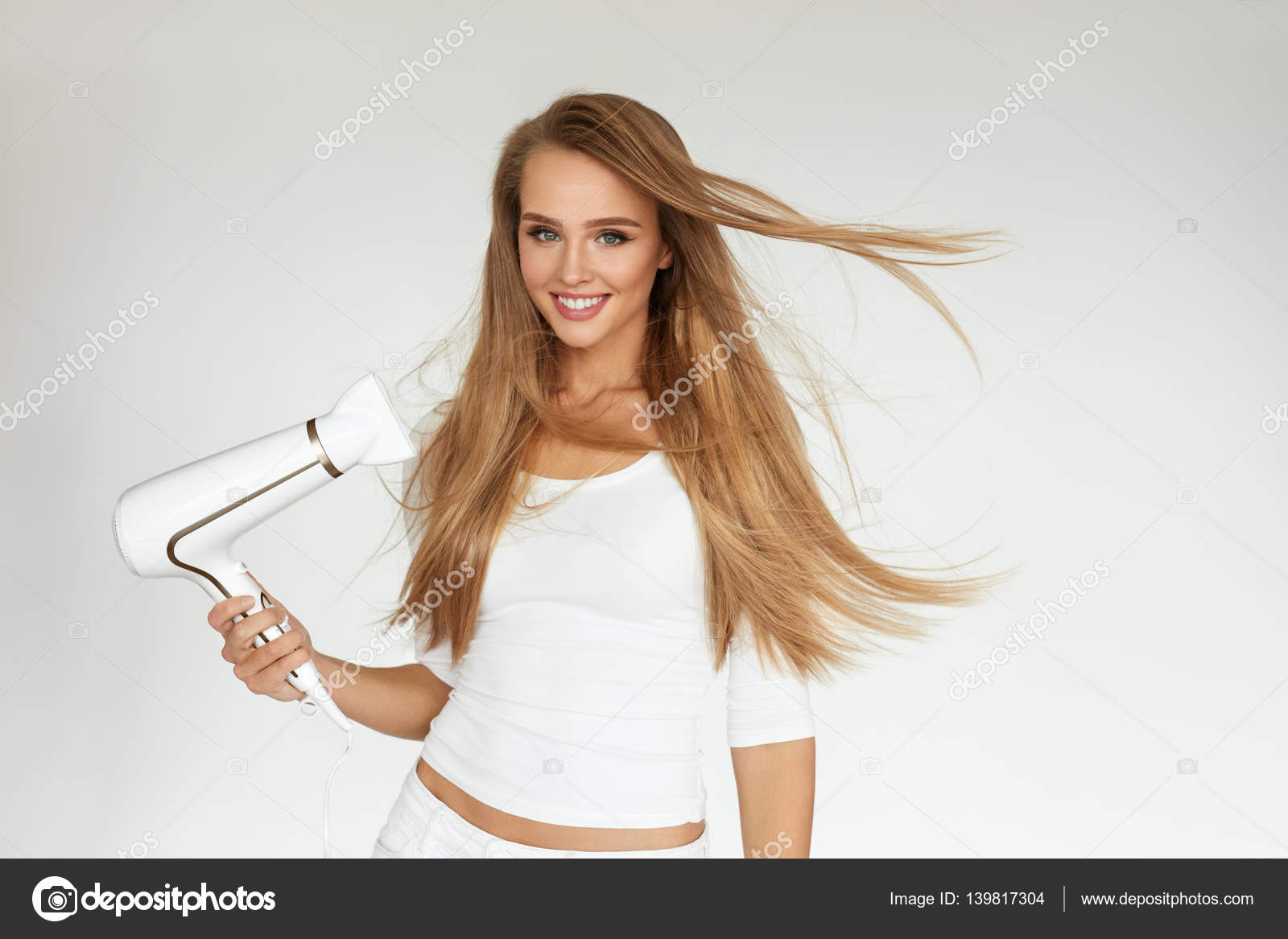 Hair Dryer Woman Drying Beautiful Blonde Long Straight Hair