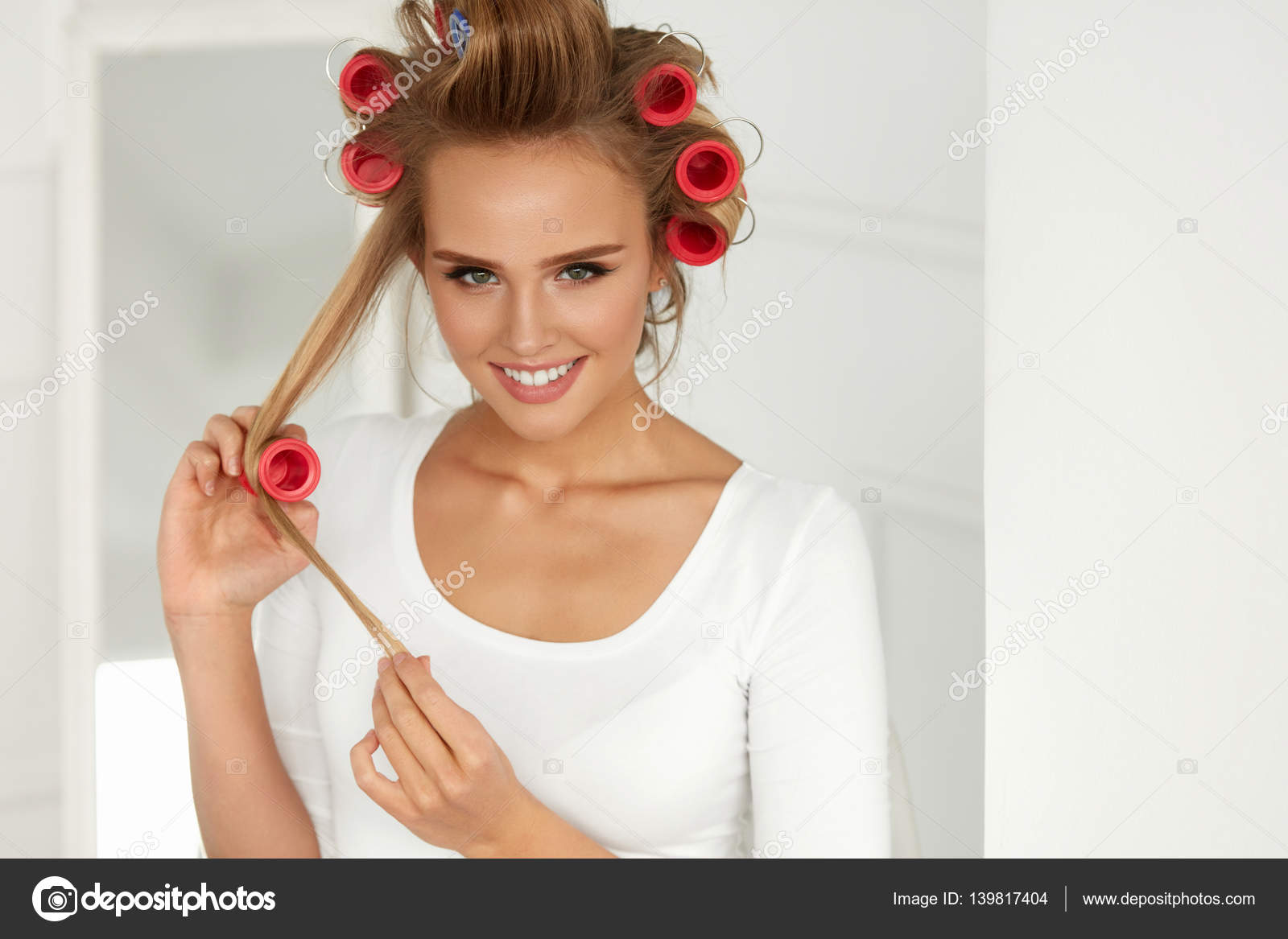 Beautiful Woman With Hair Curlers Hair Rollers On Healthy Curly