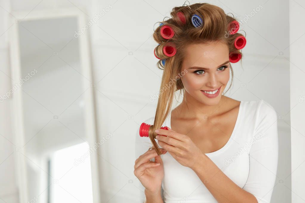 Beautiful Woman With Hair Curlers, Hair Rollers On Healthy Curly