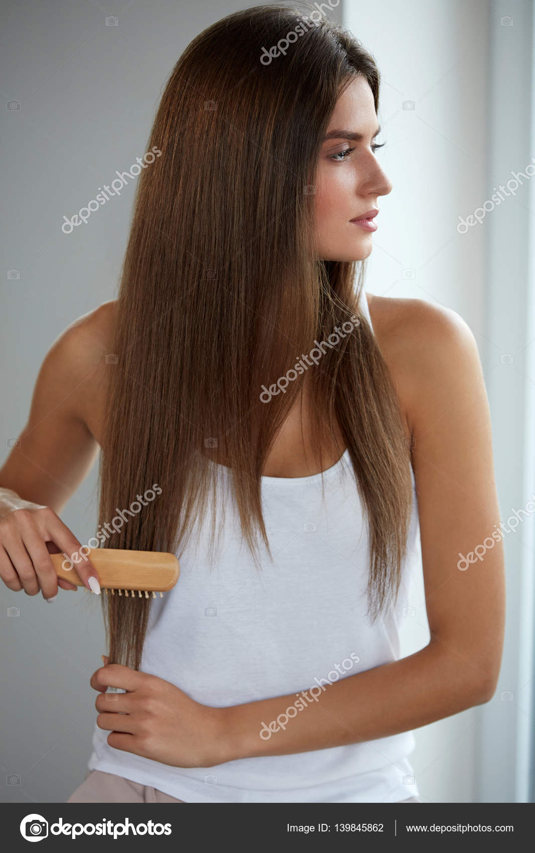 Hair Care Beautiful Female Hair Brushing Long Hair With Brush Stock 