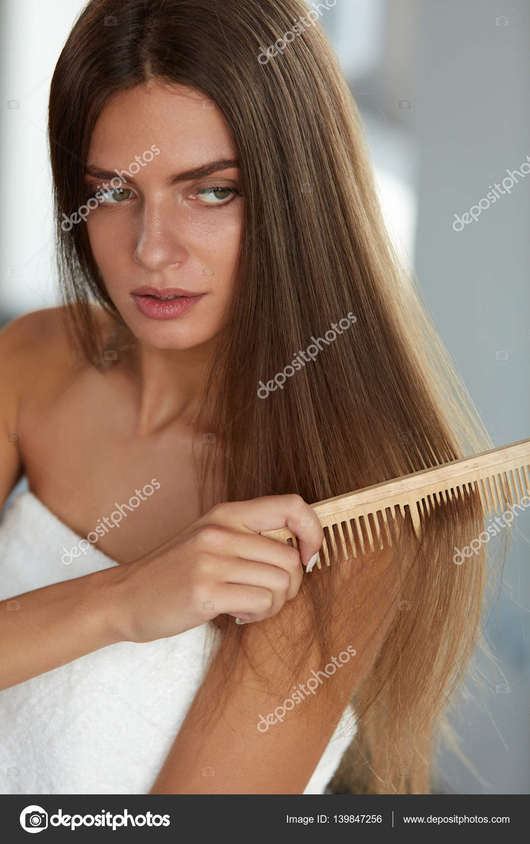 Brushing Hair Woman Hairbrushing Beautiful Long Hair With Comb